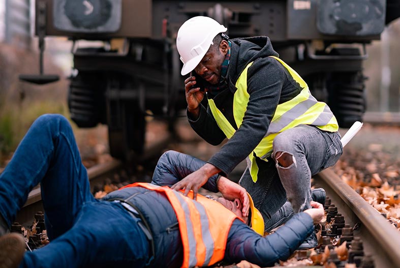 Injured worker lying on railroad tracks after a work accident, coworker kneeling beside him and calling 911.