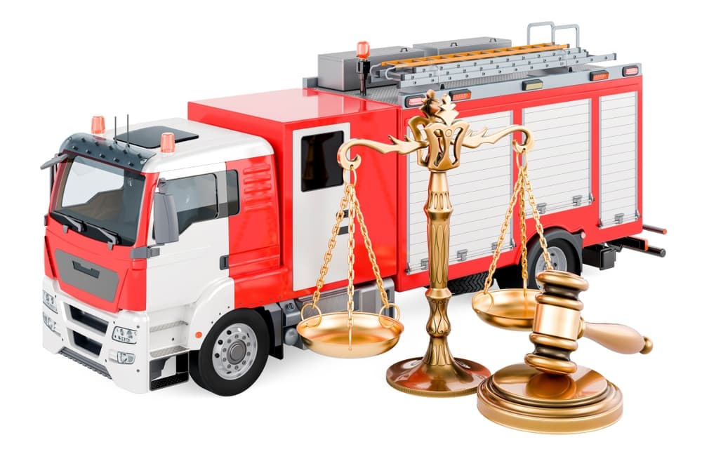 A 3D rendering on a white background showcases a fire engine truck positioned alongside a wooden gavel and scales of justice, emphasizing the convergence of emergency response and legal proceedings.