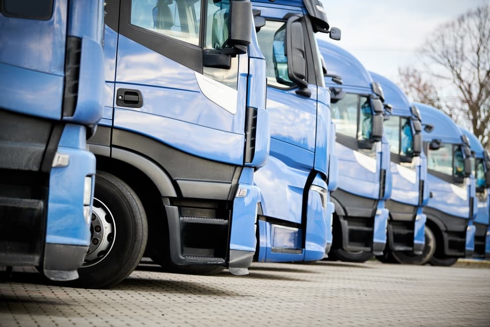 A row of commercial lorry trucks stands in formation, representing a fleet dedicated to logistics and transportation services.