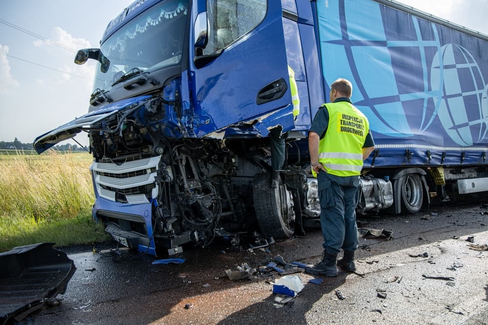 Passenger car and semi-trailer involved in an accident, with a blue truck severely damaged.