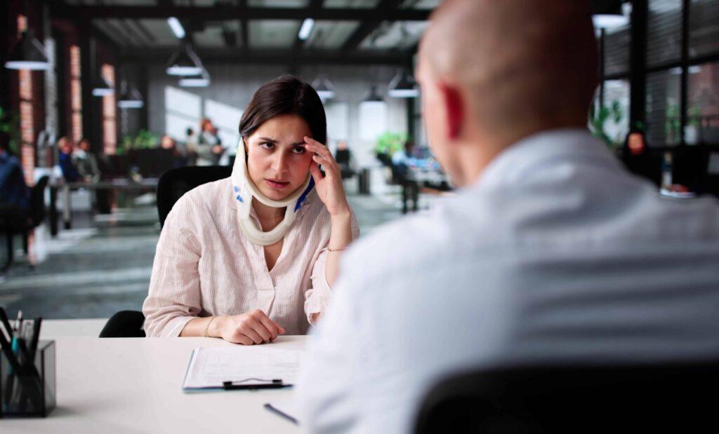 Injured woman wearing a neck brace meeting with a professional in an office to discuss her accident claim.