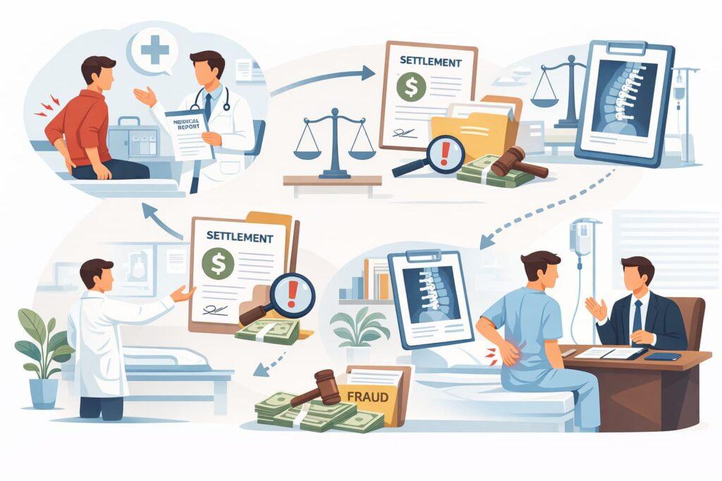 Illustration showing a patient whose back injury worsens after a car accident settlement, featuring medical evaluations, X-rays, legal documents, fraud indicators, and a consultation with an attorney about reopening the claim.