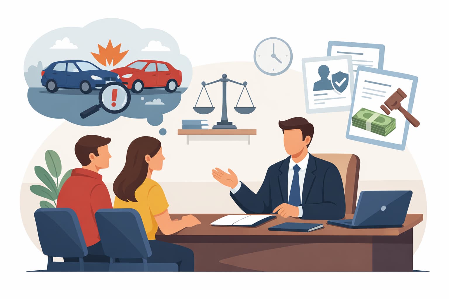 Flat vector illustration showing a symbolic consultation scene about a car accident claim, featuring legal elements, documents, and a clean professional environment.