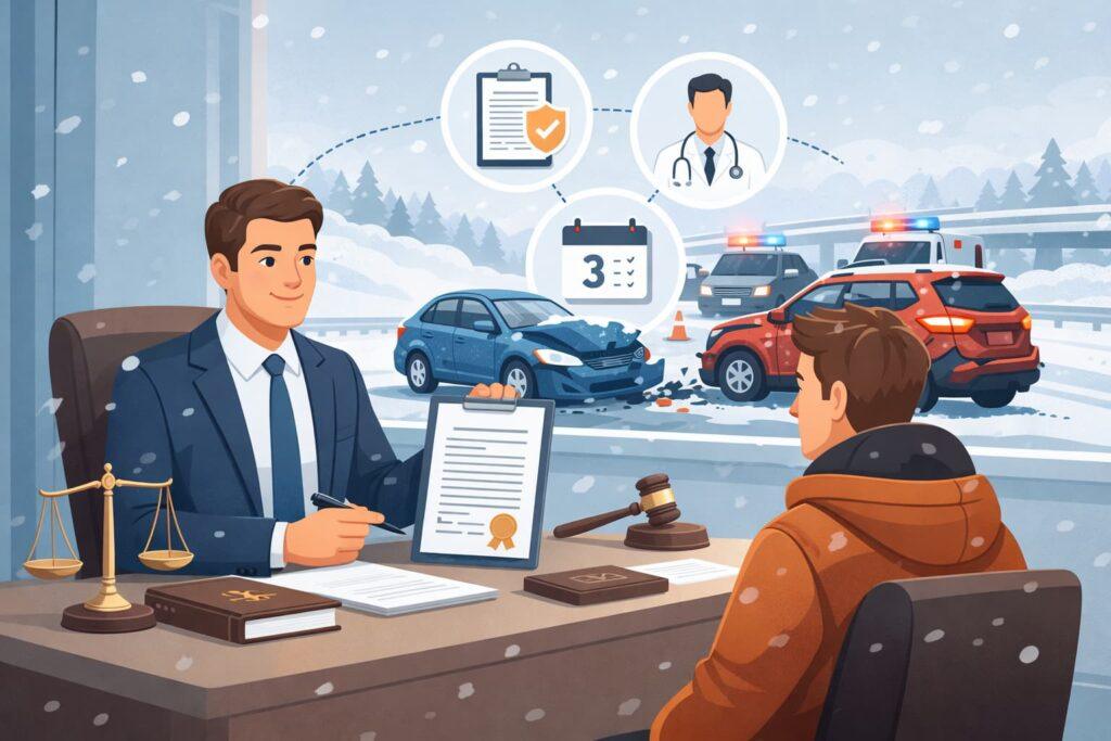 Lawyer meeting with a client after a Wisconsin winter car accident, with legal documents on the desk and a snowy crash scene visible outside the window.