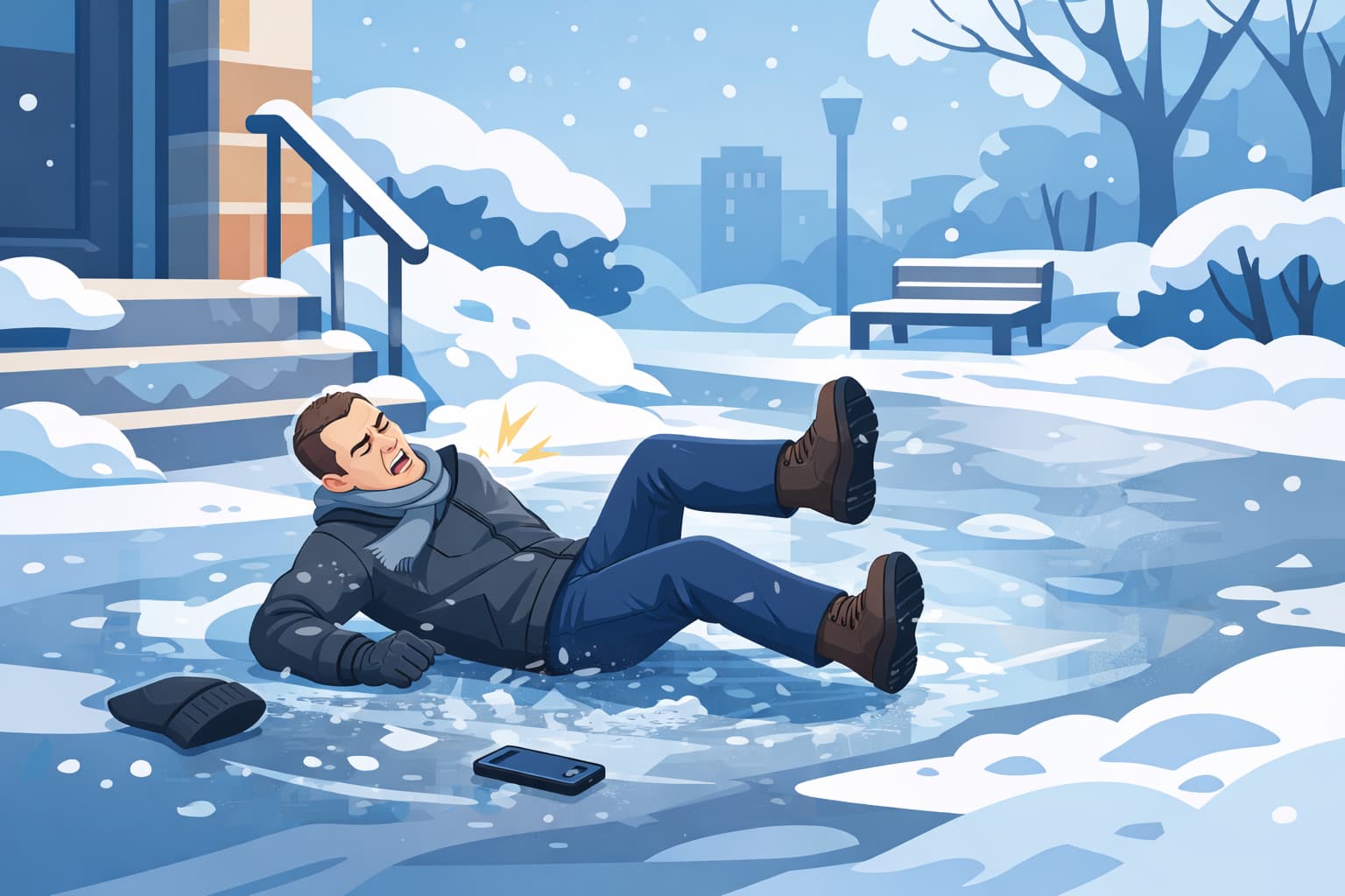 Man slipping and falling on an icy winter sidewalk, showing pain and hazardous snow-covered conditions near a building entrance.