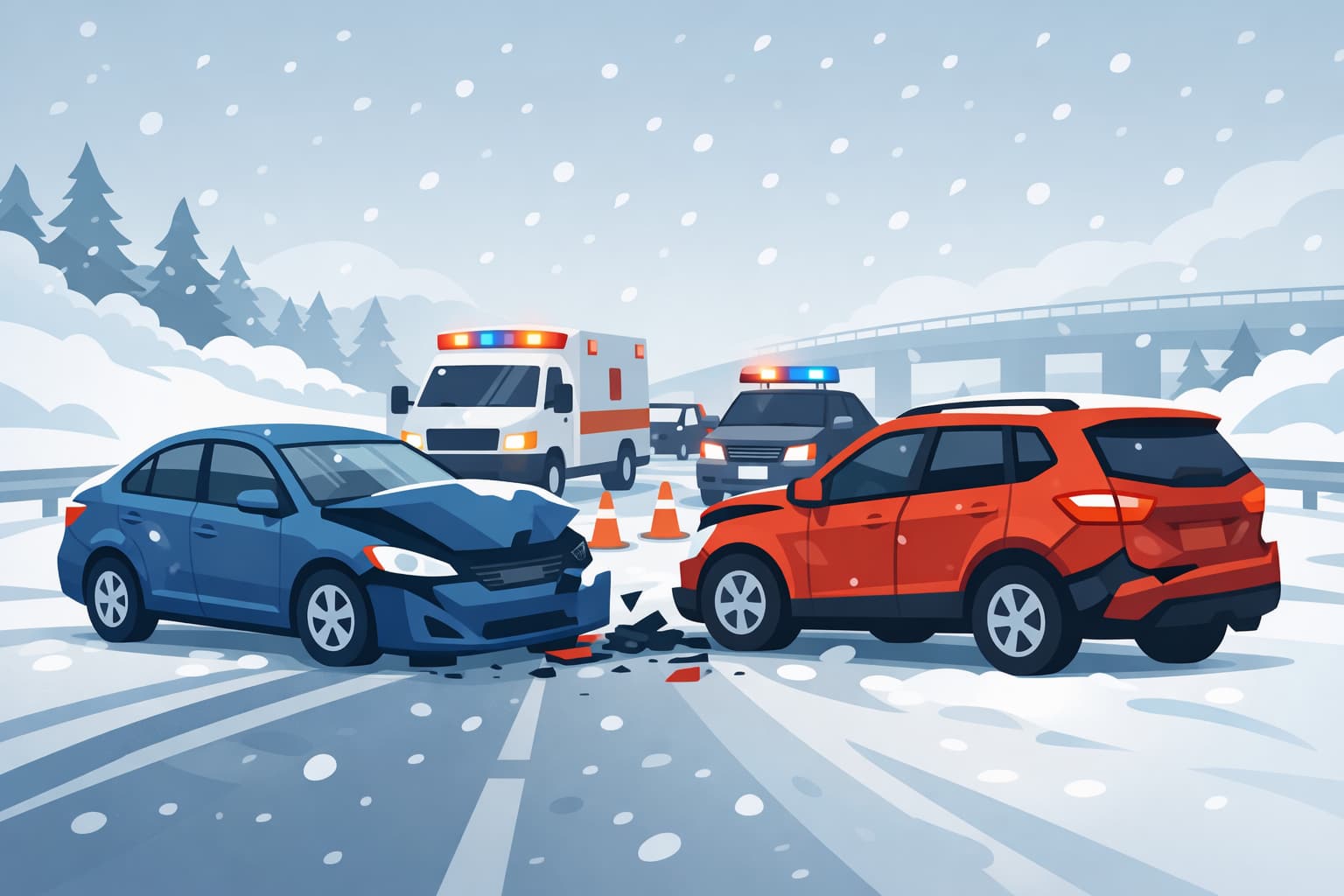 Flat vector illustration of a winter car accident on a snowy Wisconsin highway with two damaged vehicles, emergency lights in the background, and icy road conditions.
