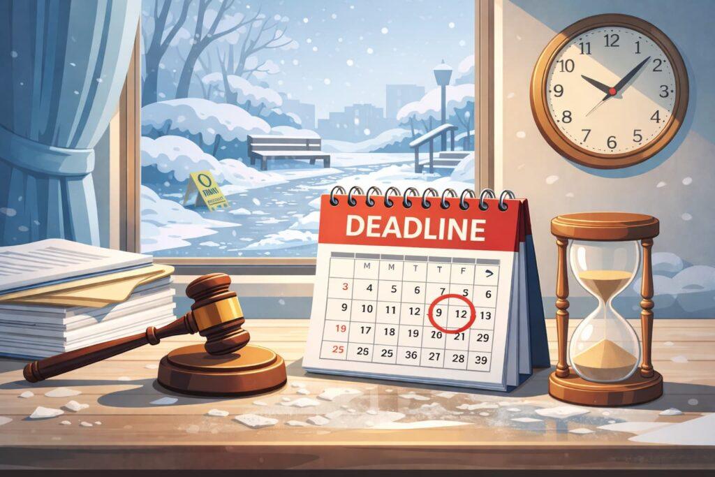 Legal deadline concept with a calendar marked for a slip and fall claim, hourglass, gavel, and snowy winter scene outside the window.
