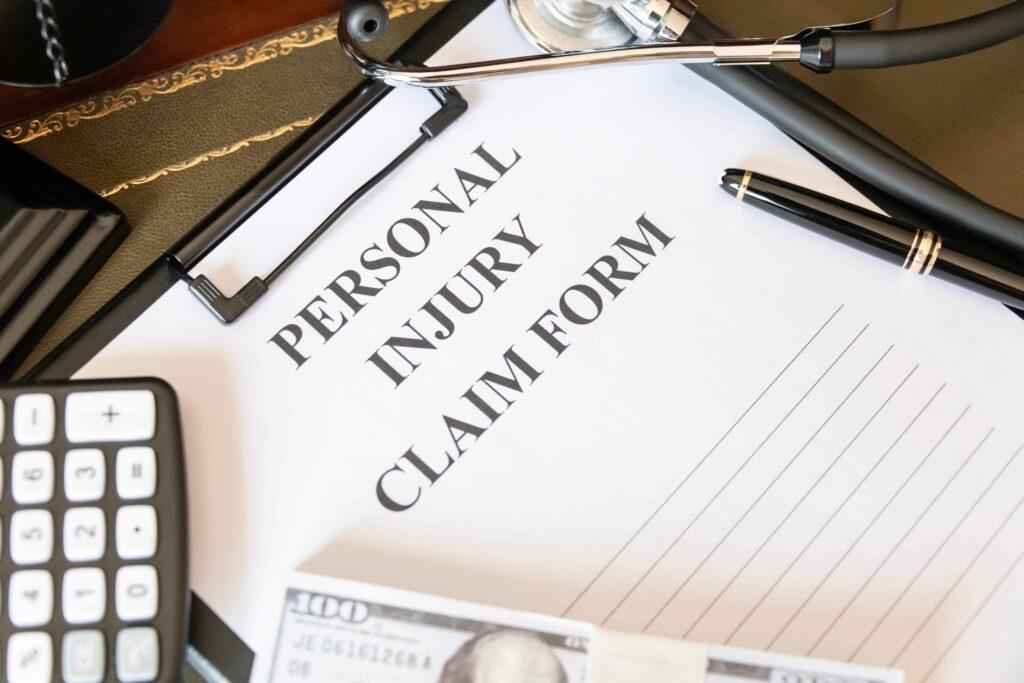 Personal injury claim document on a clipboard with a stethoscope, pen, calculator, and cash, representing a personal injury law or insurance claim process.