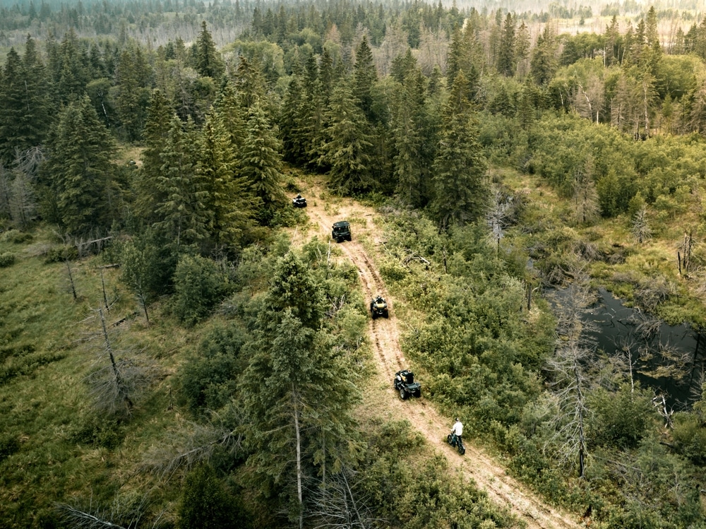 Overhead view of ATVs driving away down a forest trail