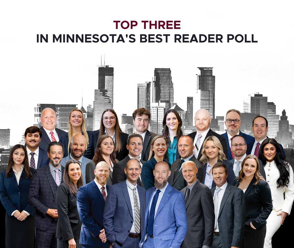 Attorneys at Nicolet Law in front of an illustrated skyline of Minnesota