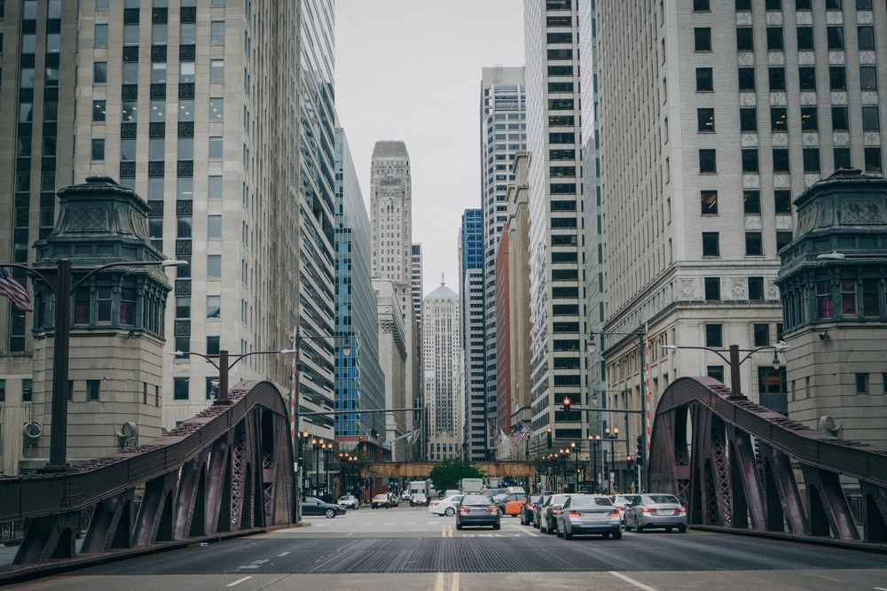 View of downtown Chicago from the street level
